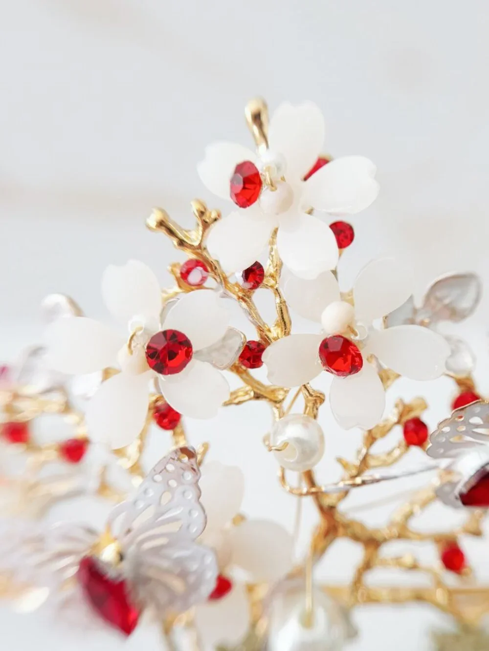 Red Crystal Butterfly Crown, Gold Floral Tiara, Wedding Bridal Headpiece